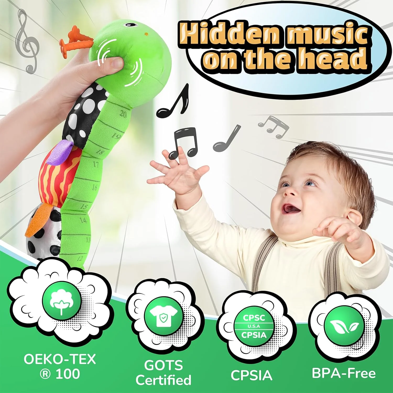 Baby Toys 6-12 Months Musical Caterpillar,Stuffed Animals Infant Toys 0-6 Months Sensory Toy with Ruler Design,Crinkle&Ring Bell,Baby Teething Toys for Tummy Time Boy Girl Gifts